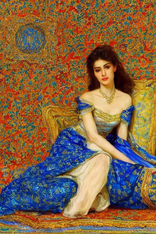 Image similar to gorgeous iranian girl wear detailed golden blue dress lay down on a detailed persian carpet, a big tree palm persian pot, painting by john singer sargent