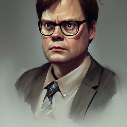 Image similar to hyper realistic, portrait of dwight schrute painted by greg rutkowski, wlop, loish,