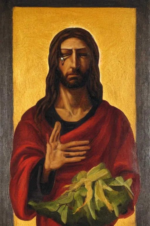 Image similar to painting of blindfolded jesus christ holding a cornucopia