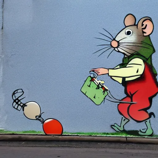 Image similar to A rat riding a tank shooting balloons, in the style of Banksy