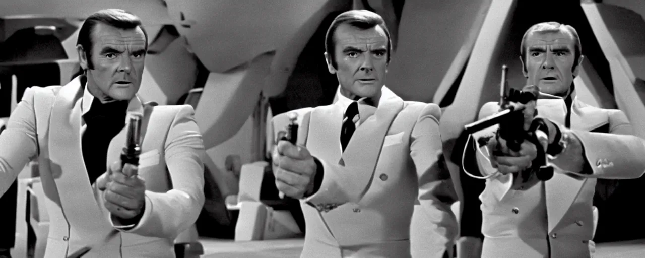 Image similar to a film still of Sean Connery and Roger Moore both as James Bond in Star Wars 1977 high quality .