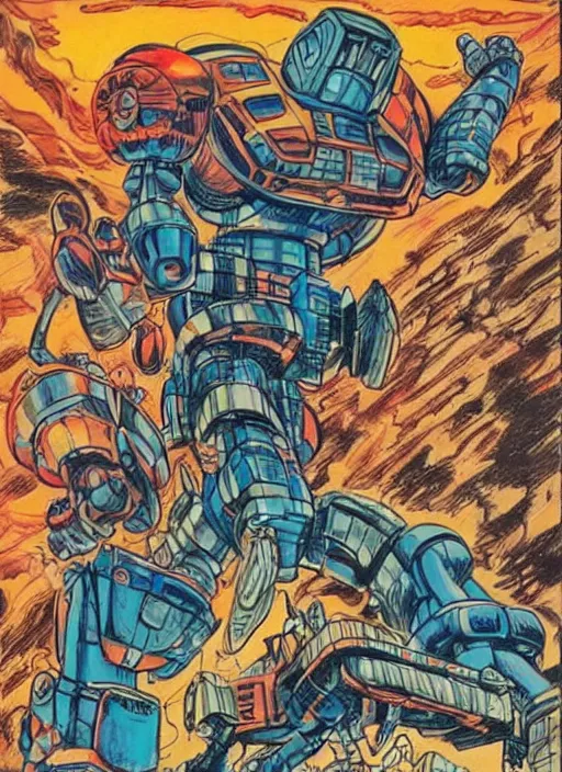 Image similar to comic book drawing of a giant mechanical robot crab at the grand canyon by jack kirby!!! and simon bisley, epic, awesome trendy color palette, black ink outlines