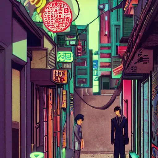 Image similar to salary man in small alley in golden gai in the 8 0 s, vaporwave nostalgia, 8 0 s anime, trending on artstation