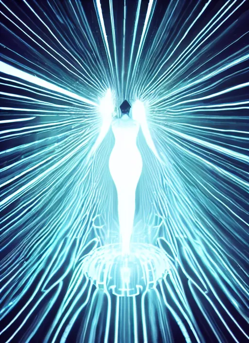 Image similar to symmetrical female ascending, particle glowing aura, motion blur, film grain, cinematic lighting, experimental film