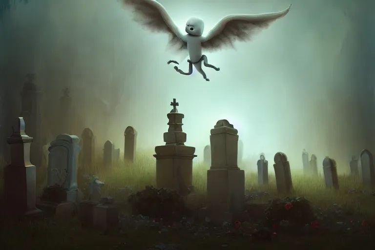 Image similar to casper the friendly ghost flying over a graveyard at midnight, playing with his ghost friends, cinestill, painted by james jean and gaston bussiere, very detailed and cute and cozy and transparent, backlight, fog, mist, trending on artstation