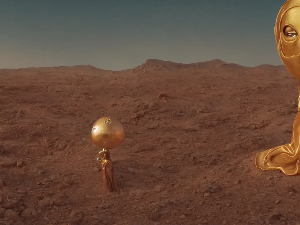 Prompt: glowing bene gesserit in full - face golden mask in a dry rocky desert landscape with abandoned city beneath the sand and giant alien spaceship in the sky by christopher doyle and alejandro jodorowsky, anamorphic lens, kodakchrome, cinematic composition, very detailed photo, 8 k,