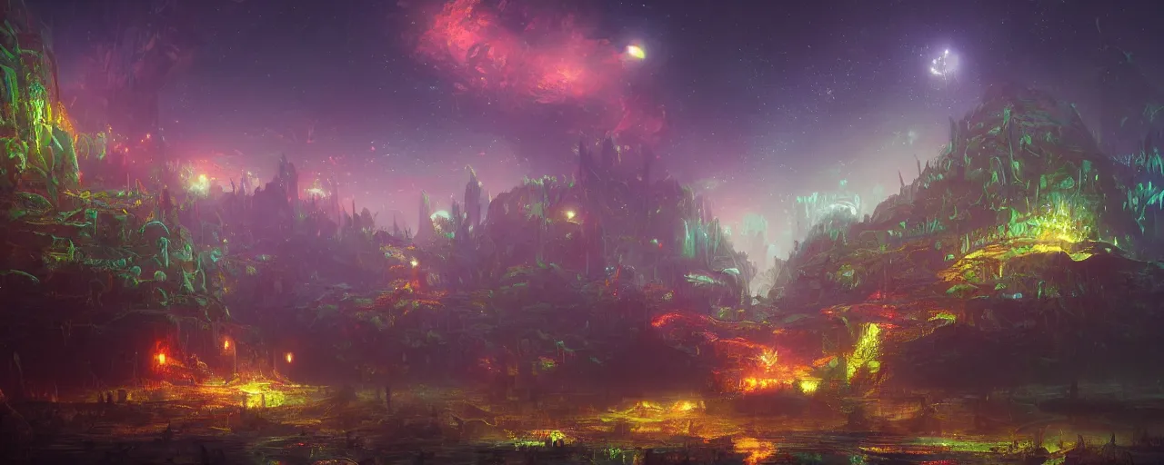 Image similar to ” otherwordly landscape at night, [ bioluminescense, cinematic, detailed, epic, widescreen, opening, establishing, mattepainting, photorealistic, realistic textures, octane render, art by slop and paul lehr ] ”