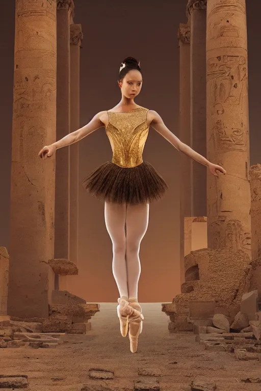 Image similar to stunningly beautiful, filipina prima ballerina in egyptian ruins, symmetrical face, golden hour, smooth, focus, highly detailed, hyper realistic, dramatic lighting, elegant, intricate, concept art, art by wlop, mars ravelo, greg rutowski, artstation