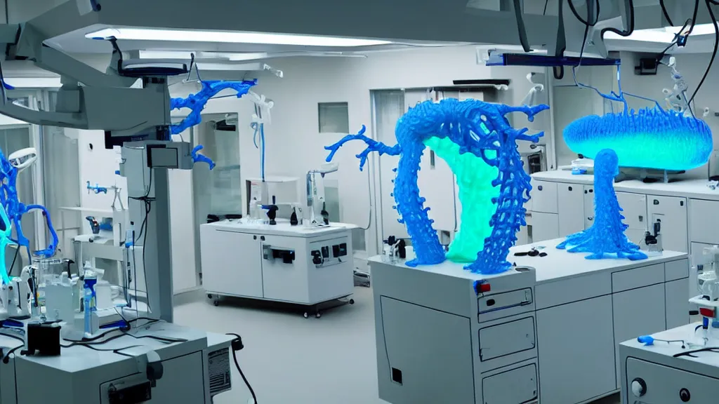 Image similar to a complex bifurcated surgical arm hybrid mri 3 d printer machine making colorful mutant forms with control panels in the laboratory inspection room, film still from the movie directed by denis villeneuve with art direction by salvador dali, wide lens