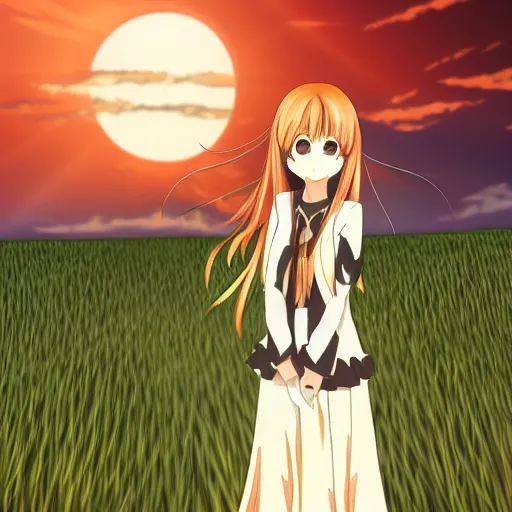 Prompt: anime illustration of Holo from Spice and Wolf standing in a wheat field at sunset, Holo if a wolf girl