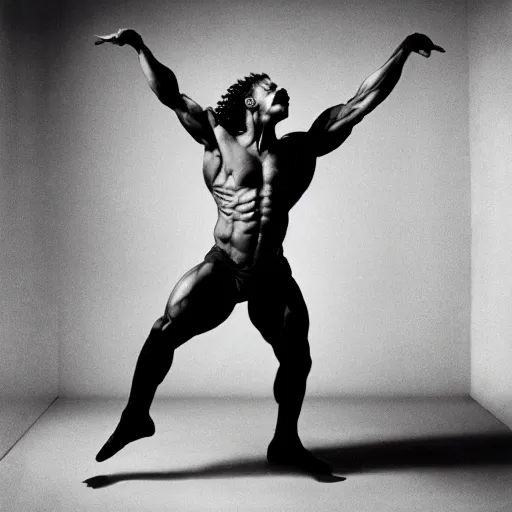 Prompt: extremely dynamic person, energetic and vigorous dance movement, gesticulation, poetry in motion, thick strong arms, beffy musculature, by robert longo, by philippe halsman, by antoine d'agata
