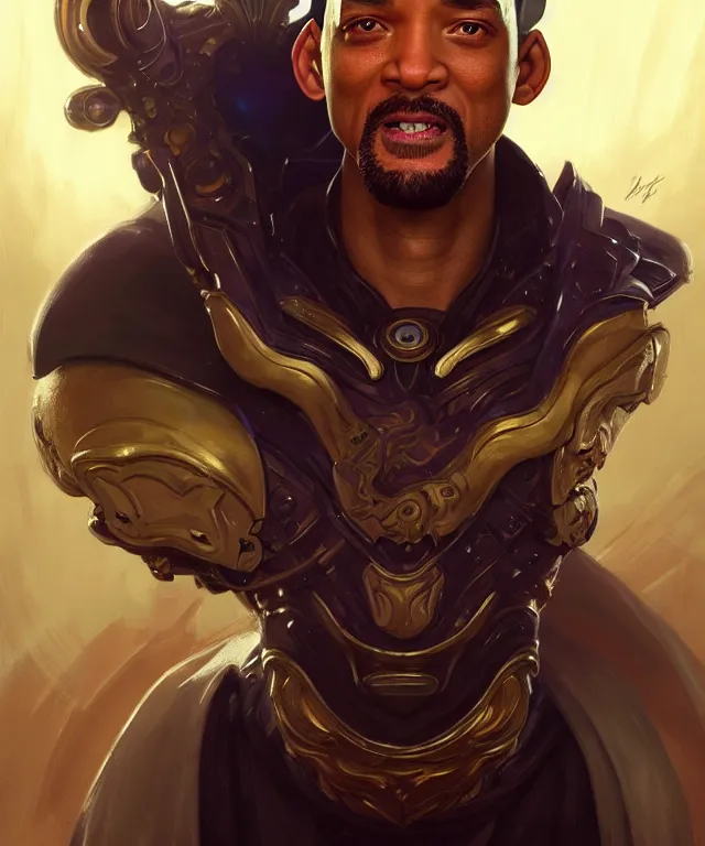 Prompt: Will Smith as a fantasy magic man portrait, sci-fi, amber eyes, face, fantasy, intricate, elegant, highly detailed, digital painting, artstation, concept art, smooth, sharp focus, illustration, art by artgerm and greg rutkowski and alphonse mucha