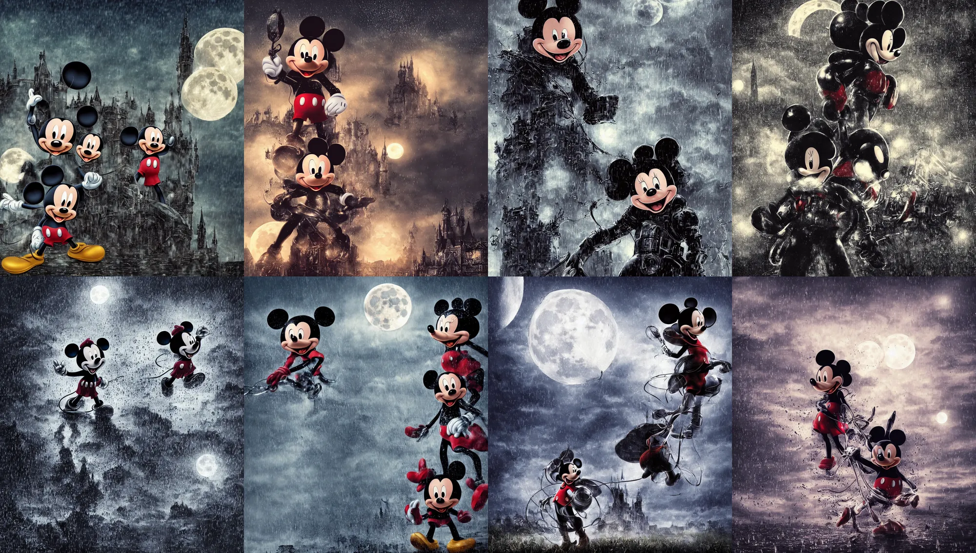 Prompt: angry mickey mouse, wearing rain soaked armour in heavy rain, incredibly fine detailed portrait, battle angel alita, dynamic angle, elegant, full body profile, 2 0 0 mm focal length, highly detailed, dramatic full moon lighting, many fireflies, gothic castle prodominently in the background, movie cover