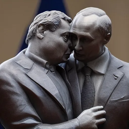 Image similar to marble statue of viktor orban and vladimir putin hugging