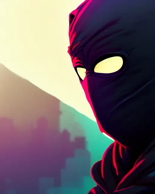Image similar to synthwave, hyper - realistic portrait of a man in a hoodie, with ninja mask, intricate, 4 k, by atey ghailan, by greg rutkowski, by greg tocchini, by james gilleard, by joe fenton, by kaethe butcher, dynamic lighting, lighting color scheme, sharp focus, grunge aesthetic