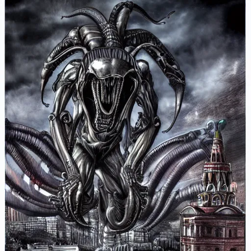 Image similar to Xenomorphs taking over Moscow by Kentaro Miura