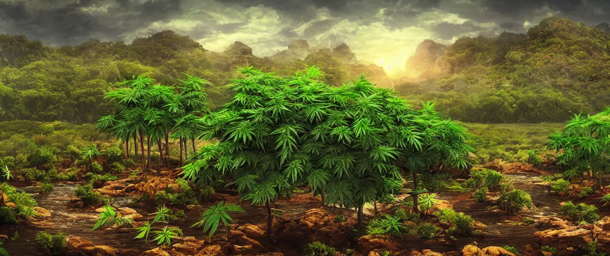 Prompt: realistic giant cannabis crop and cannabis leaves, convert from left side Australian desert to right side; a utopian oasis with streams, waterfalls, landscape, photo, concept art, universe in the sky, cinematic lighting, 4k, wide angle, warm tones, Australian Earth,