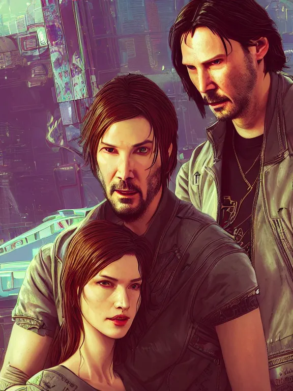 Image similar to a cyberpunk 2077 couple portrait of Keanu Reeves and V,love story,film lighting,by laurie greasley,Lawrence Alma-Tadema,William Morris,Dan Mumford,trending on atrstation,full of color,Digital painting,face enhance,highly detailed,8K, octane,golden ratio,cinematic lighting