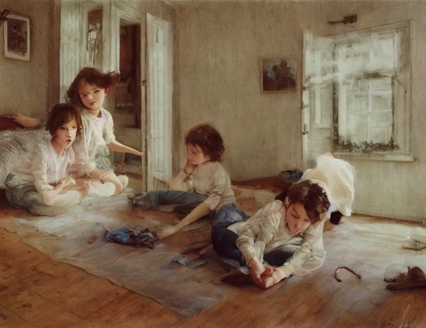 Image similar to kids playing in country house, cottage core, cinematic focus, polaroid photo bleached vintage pastel colors high - key lighting, soft lights, foggy, by steve hanks, by lisa yuskavage, by serov valentin, by tarkovsky, 8 k render, detailed, oil on canvas