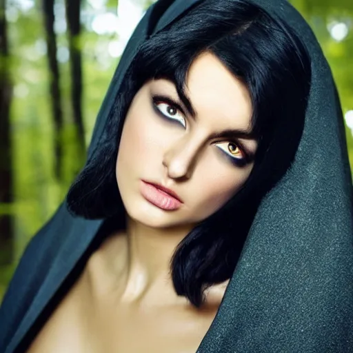 Image similar to raven haired seductive supermodel maiden with stunning light eyes with a beautiful face, fair soft skin, wearing a cloak, in a creepy forest