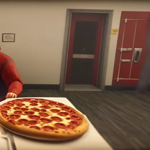 Prompt: gopro footage of a hotdog man eating a slice of pizza in a court room, iso 2 0 0, depth of field, cinematic, volumetric lighting, by red dead redemption 2