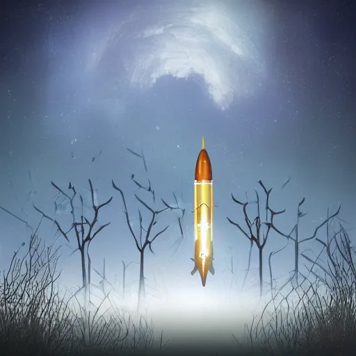 Prompt: abandoned rocket ship, distant knotted branches, misty foggy golden, extremely detailed