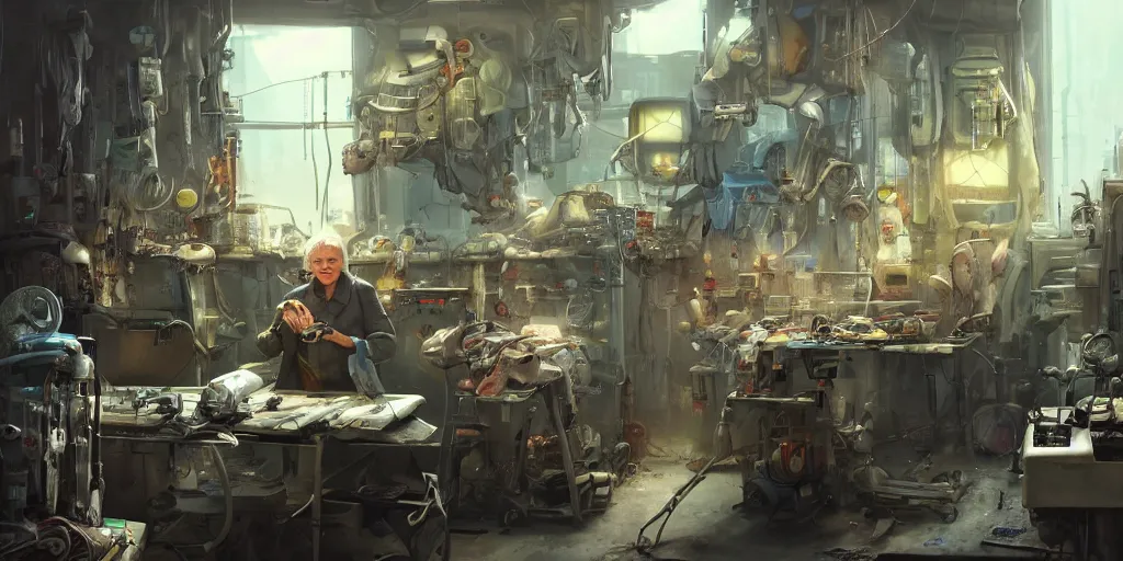 Image similar to an environmental concept art of an elderly woman cyberneticist in a cluttered workshop, surgical implements, surgery theatre, robotic arm, blood spatter, highly detailed, cinematic, dramatic, cyberpunk, dieselpunk, scifi space station, horror, ( bladerunner 2 0 4 9, cyberpunk 2 0 7 7 )