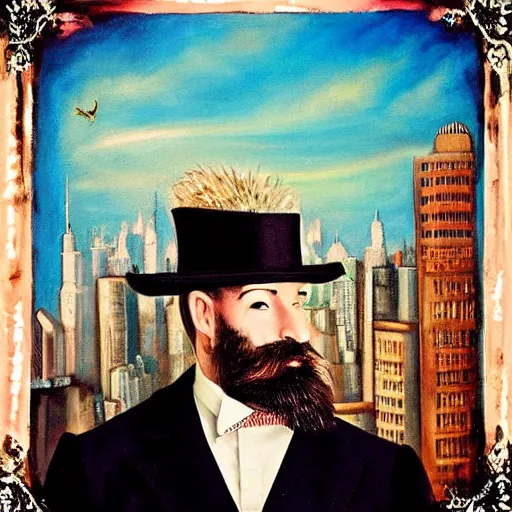 Image similar to A beautiful painting of a man with a beard and a top hat, looking over a cityscape. lomography by Mark Ryden swirling