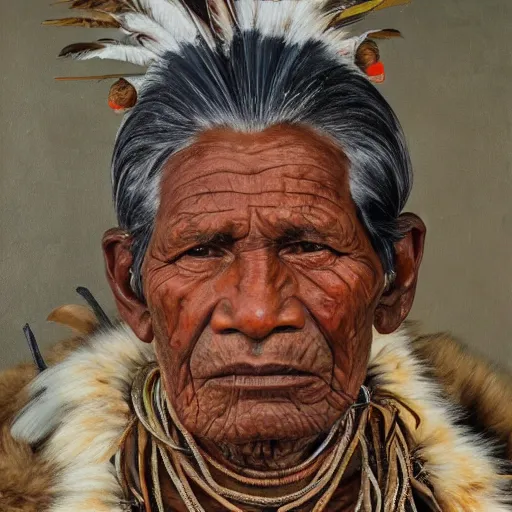 Image similar to high quality high detail painting by lucian freud, hd, portrait of a indigenous tribe leader, photorealistic lighting