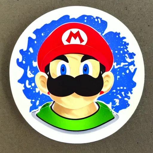 Image similar to die cut sticker, yoshi wearing mario's mustache, splatter paint