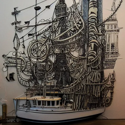 Image similar to by ed roth stormy. a installation art of a tall ship sailing through a cityscape. the ship is adorned with intricate details, while the cityscape is filled with towering palaces & other grand buildings.