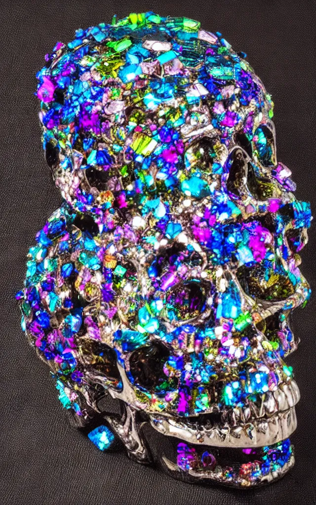 Image similar to jewelry skull made of prismatic crystals, dark background, studio shot