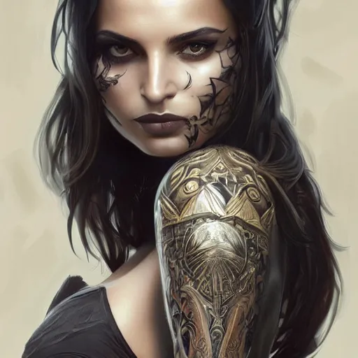 Image similar to an attractive young tattooed female wearing an black ornate metallic helmet, emily ratajkowski, olive skin, long dark hair, beautiful bone structure, intricate, elegant, highly detailed, digital painting, artstation, concept art, smooth, sharp focus, illustration, art by artgerm and greg rutkowski and alphonse mucha