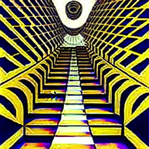 Prompt: inside a very large room with many staircases, insanely Intricate, exquisitely ornate, art by Maurits Cornelis Escher and Victor Vasarely and Rob Gonsalves