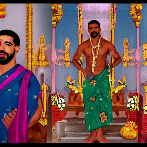 Prompt: photograph of drake the rapper standing in zxa hindu kovil, wearong a sarong, photorealistic, accurate portrayal, drake the rapper's face