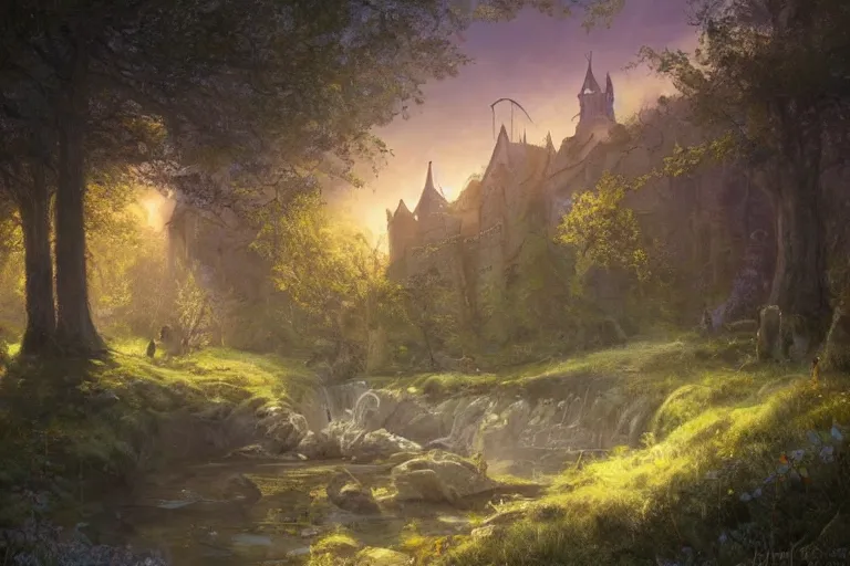 Prompt: fantasy painting, dungeons and dragons, medieval village with a stream in a forested valley, sunset with ominous shadows, a bunny by jessica rossier and brian froud cinematic painting