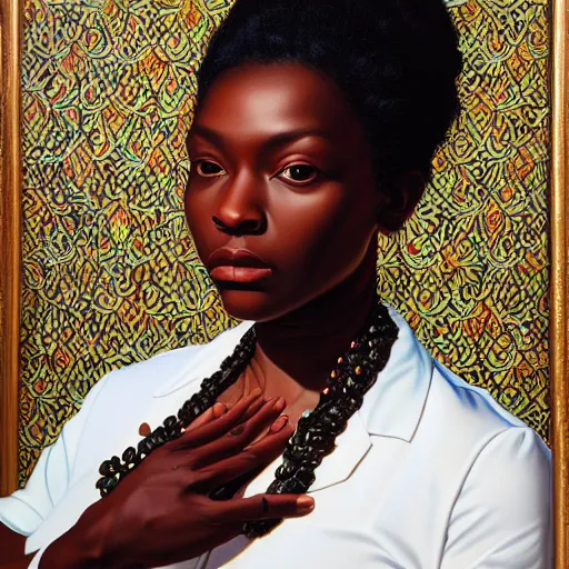 Image similar to A portrait of a thin trendy and gorgeous non-binary person, dark black skin tone, oil painting by Kehinde Wiley, majestic, detailed, high resolution