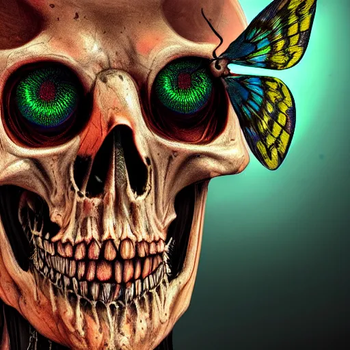 Image similar to a portrait of a skelton with moth wings, highly detailed, digital photo, hdri, by christopher bretz and john carpenter, vivid colors, high contrast, 8 k resolution, intricate, photorealistic, smooth, psychedelic color scheme, concept art, award winning, cg society contest winner