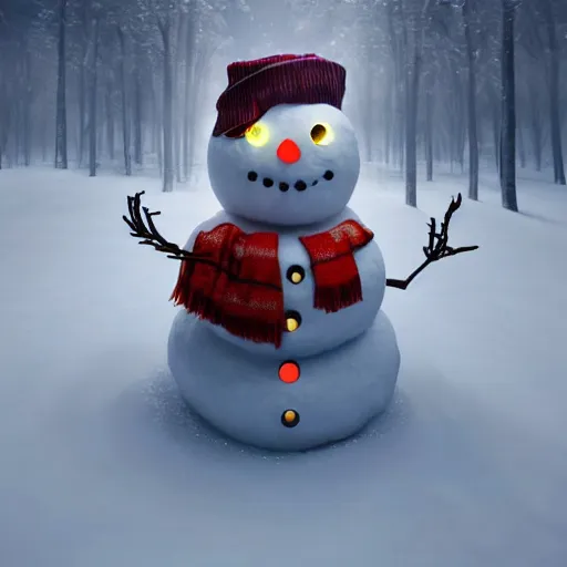 Prompt: a snowman, half made out of cyborg parts, with one glowing red eye, with an evil smile on his face, in the middle of a snow forest, dynamic lighting, photorealistic fantasy concept art, trending on art station, stunning visuals, creative, cinematic, ultra detailed