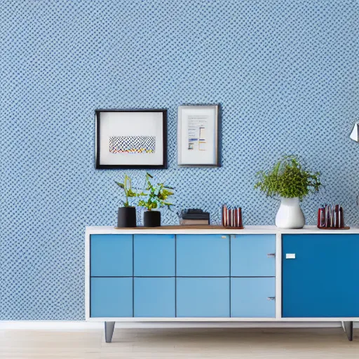 Image similar to interior of a modern office, pop art wallpapers, blue color scheme on furniture, photorealist, 4 k