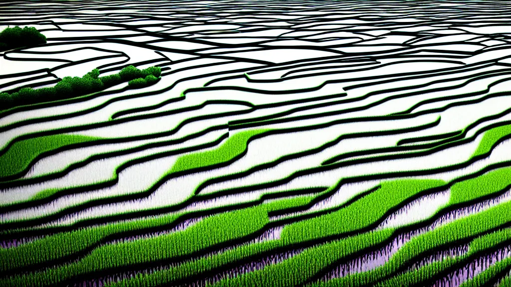 Image similar to dramatic rice fields of toyama city, japan, a collage painting, in the style of wes anderson, lola dupre, david hockney, isolated on negative white space background dark monochrome neon fluorescent spraypaint accents volumetric octane render