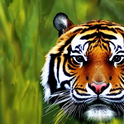 Image similar to a tiger's face on a flat style centella asiatica background