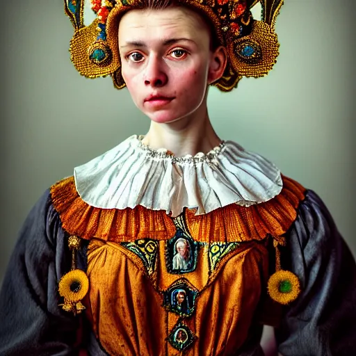 Image similar to Colour Caravaggio style Photography of Highly detailed beautiful Woman with 1000 years perfect face and wearing detailed Ukrainian folk costume designed by Taras Shevchenko also wearing highly detailed retrofuturistic Tiara designed by Josan Gonzalez. Many details In style of Josan Gonzalez and Mike Winkelmann and andgreg rutkowski and alphonse muchaand and Caspar David Friedrich and Stephen Hickman and James Gurney and Hiromasa Ogura. Rendered in Blender and Octane Render volumetric natural light