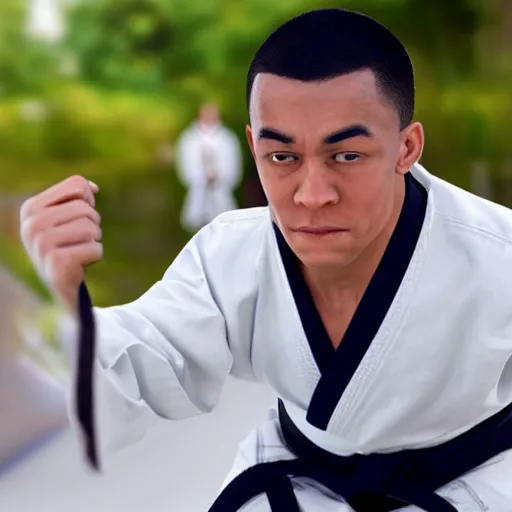 Prompt: hyperrealistic image of martial artist in uniform doing kata