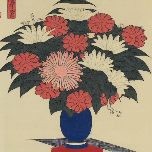 Image similar to bouquet of flowers, centered, symmetrical, ukiyo-e style, Hokusai, Hiroshige