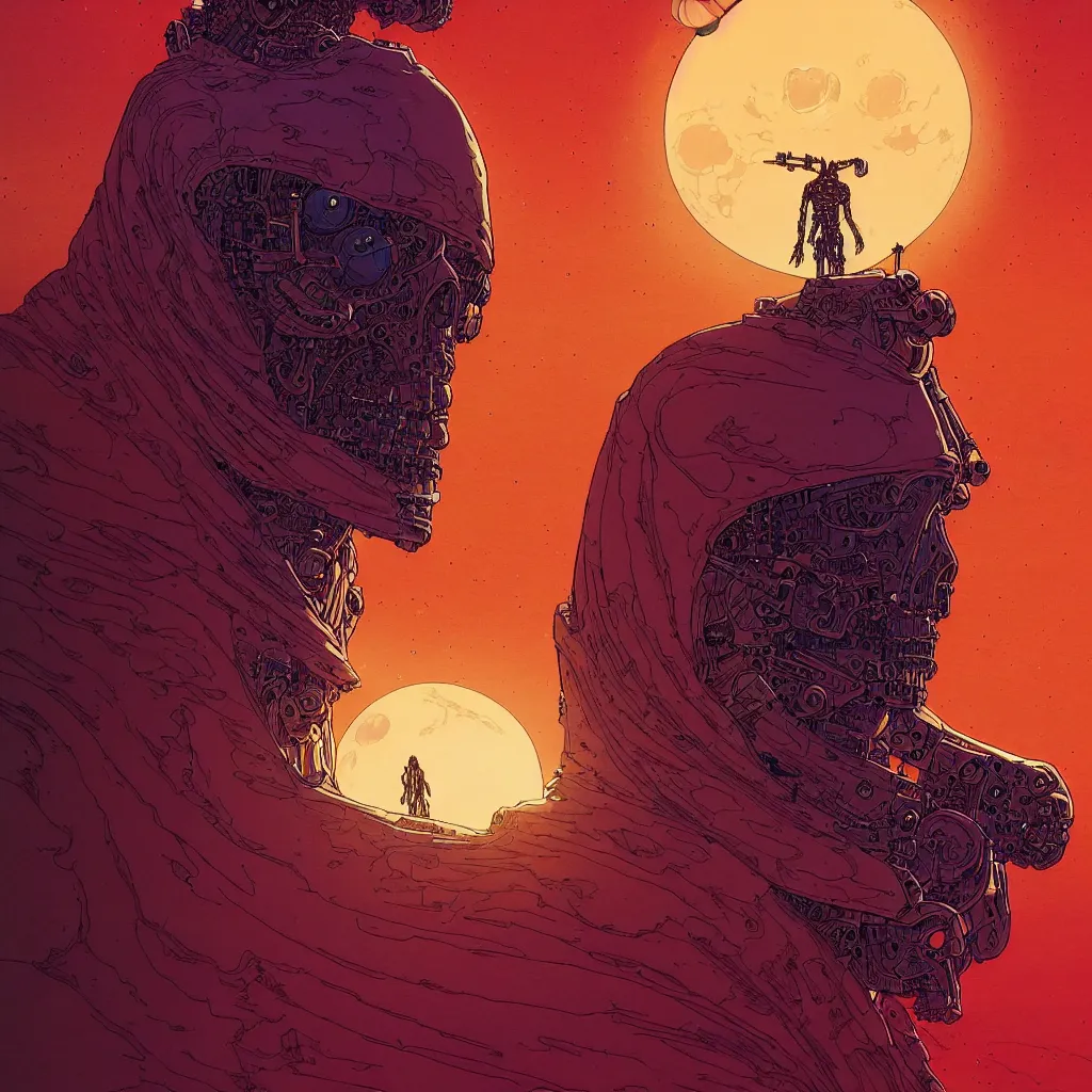 Prompt: a cyborg dressed in a large cloak walking through a dangerous desert, skull, guardian of the moon, night. close up, in the center, centered, epic, intrincate, volumetric, by moebius, jean giraud & kilian eng moebius style