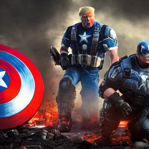 Image similar to Portrait! of President Donald Trump as ((captain america)) in Gears of War, patriotic, splash art, movie still, cinematic lighting, dramatic, octane render, long lens, shallow depth of field, bokeh, anamorphic lens flare, 8k, hyper detailed, 35mm film grain