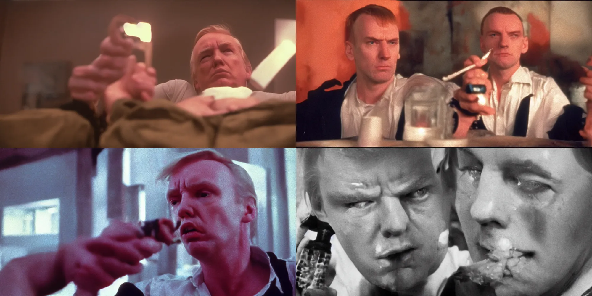 Prompt: movie still of donald trump high in trainspotting ( 1 9 9 6 ) using heroin with a needle and spoon, dirty, ektachrome photograph, volumetric lighting, f 8 aperture, cinematic eastman 5 3 8 4 film