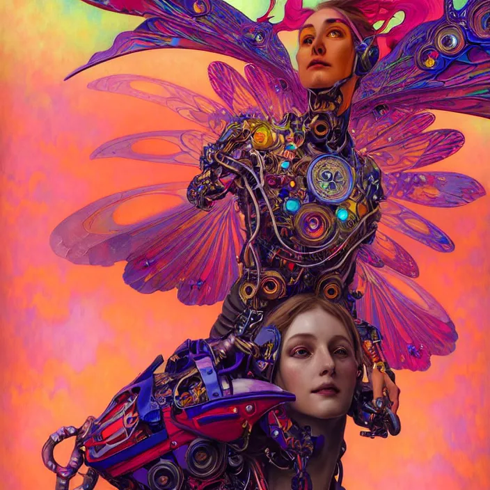 Image similar to bright psychedelic portrait of organic skydiving cyborg with wings, diffuse lighting, fantasy, intricate, elegant, highly detailed, lifelike, photorealistic, digital painting, artstation, illustration, concept art, smooth, sharp focus, art by John Collier and Albert Aublet and Krenz Cushart and Artem Demura and Alphonse Mucha