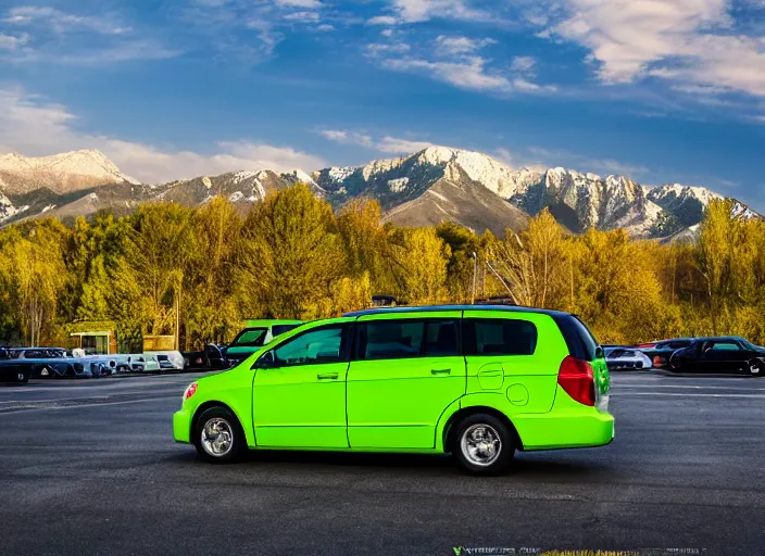 Prompt: lime green dodge caravan in a parking lot with the wasatch mountains in the background, photography, high definition